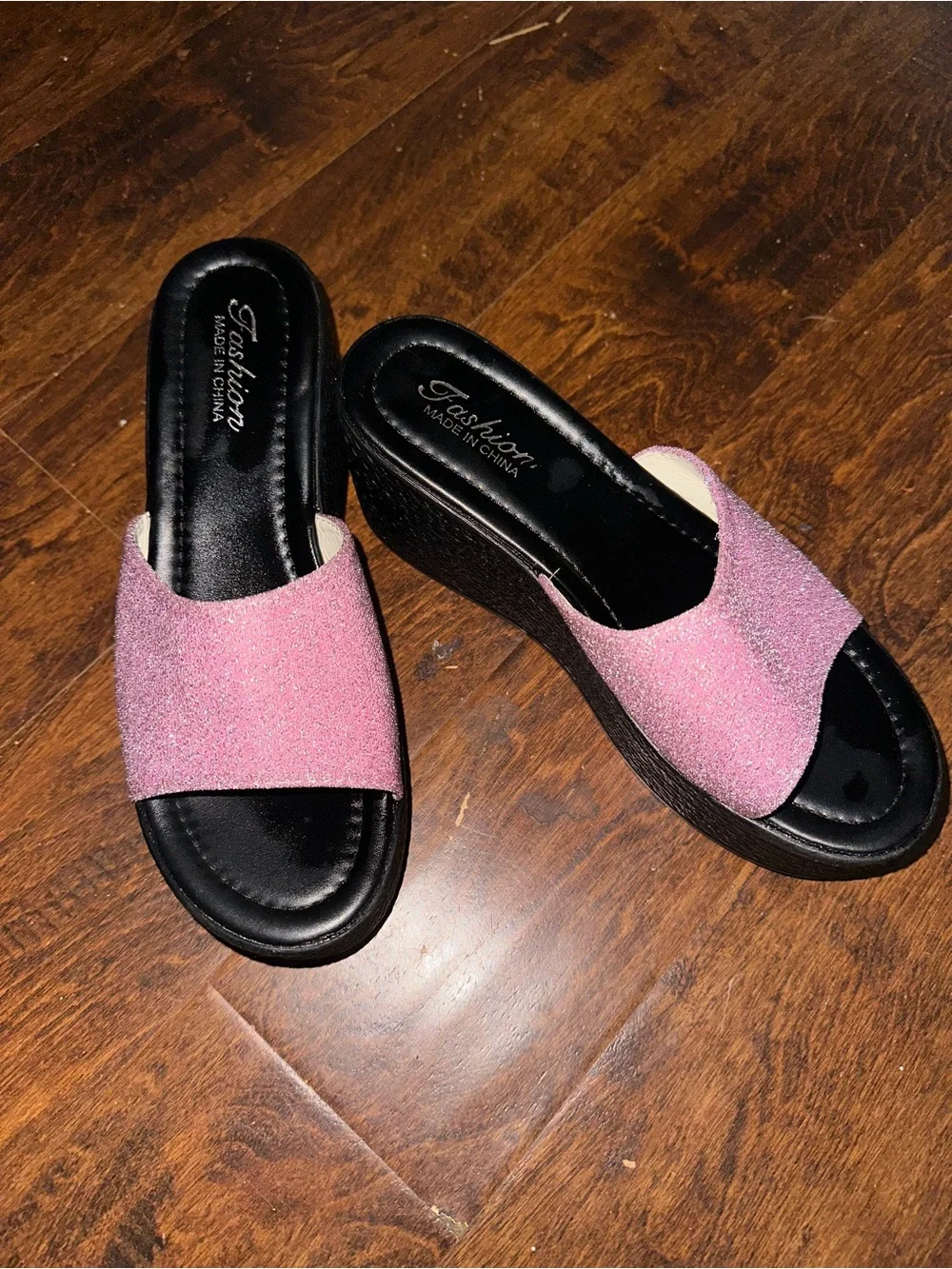 Women's Pink Glitter Platform Slide Sandals - Comfortable Black Sole